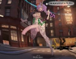 animal_genitalia animal_humanoid animal_penis anthro belly_tattoo big_penis billy_(deadlock) bottomless bovid bovid_horn breasts caprine caprine_horn celeste_(deadlock) chest_tattoo clothed clothing deadlock devianthorde equid equid_humanoid equine equine_genitalia equine_humanoid equine_penis faceplant female genitals goat goat_horn gynomorph hair hi_res horn humanoid intersex jacket jacket_only leg_tattoo mammal mammal_humanoid penis pubic_tattoo public public_exposure purple_hair raised_leg solo standing tattoo topwear topwear_only unicorn_horn unicorn_humanoid valve wardrobe_malfunction