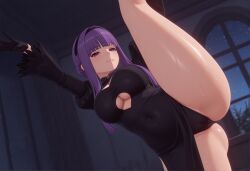 ai_generated black_dress black_hairband blunt_bangs breasts cameltoe cleavage cleavage_cutout clothing_cutout covered_navel dress female fern_(sousou_no_frieren) hairband indoors kneepits large_breasts leg_up leotard long_hair long_sleeves looking_at_viewer purple_eyes purple_hair sidelocks smile solo sonacuteai sousou_no_frieren split standing standing_on_one_leg standing_split sweat thighs underboob