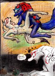 amaterasu angry anthro breasts canine deity female flower fur furry humor ink issun ladder male okami oki_(okami) open_mouth painting penetration penis pussy sex spaceweasel2306 vaginal_penetration video_games what wolf