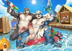 1_horn 2024 4_toes abs anthro arm_around_back balls big_penis blue_body blue_eyes blue_fur blue_sky canid canine canis claws cloud domestic_dog duo erection eye_contact eye_scar facial_scar feet finger_claws foot_in_water fur genitals green_wristband grey_body grey_fur hair hindpaw holding_object holding_toy holding_toy_gun holding_water_gun horn humanoid_penis looking_at_another lugerdius male male/male mammal multicolored_body multicolored_fur musclegut muscles muscular muscular_anthro muscular_male muscular_thighs navel nipples nude obliques open_mouth orange_stripes outside pawpads paws pecs penis pink_pawpads plant pool pool_float purple_stripes scar shrub sky smile stripes summer sun toe_claws toes tongue tongue_out toy toy_gun traver009 vein veiny_muscles veiny_penis water_drop water_gun white_body white_fur white_hair wolf yellow_eyes