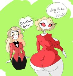 2demons 2girls ass big_ass big_breasts big_butt blonde_hair blush charlie_morningstar cleavage dialogue eyebrows eyelashes fat_ass female female_only hazbin_hotel katie_killjoy large_ass large_breasts looking_back red_eyes sideboob text thedomely thick_thighs thighs white_body white_skin wide_hips