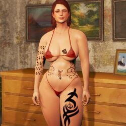 1girls 3d big_breasts bikini bikini_bottom bikini_top blacked breasts cait_(fallout) curvy curvy_female curvy_figure fallout_4 female game_screenshot green_eyes light-skinned_female light_skin looking_at_another looking_at_viewer medium_hair nipples_visible_through_clothing qos qos_tattoo queen_of_spades red_hair smiling smiling_at_viewer tattoo tattoos