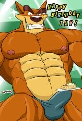 1boy 2022 abs absurd_res activision anthro balls balls_outline bara biceps birthday_cake bulge cake candle clothed clothing crash_(series) dasyuromorph deltoids dessert detailed_bulge english_text eyebrows food fur furry furry_only gay gay_male genital_outline genitals grin hi_res homosexual homosexual_male looking_at_viewer male male_only male_penetrated male_penetrating male_penetrating_male mammal marsupial muscular muscular_anthro muscular_arms muscular_legs muscular_male muscular_thighs nanbuskhan nipples orange_body orange_eyes orange_fur pecs penis penis_outline plate puffy_nipples recently_extinct_species sharp_teeth smile solo tan_body tan_fur teeth text thick_eyebrows thong thong_only thylacine tiny_tiger topless underbite underwear underwear_only video_games yaoi