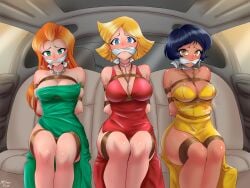 3girls abducted abduction alex_(totally_spies) arms_behind_back black-haired_female black_hair blonde blonde-haired_female blonde_hair blue_eyes bondage bound bound_and_gagged bound_arms bound_knees box_tie boxtie breasts brown_eyes brunette choker cleavage cleave_gag cloth_gag clover_(totally_spies) dress evening_gown female female_only femsub fully_clothed gag gagged green_clothing green_eyes in_vehicle jewelry kidnapped kidnapping large_breasts looking_at_viewer mymyeye orange-haired_female orange_hair png red_clothing red_hair redhead rope rope_between_breasts sam_(totally_spies) signature slave_raid strapless strapless_dress totally_spies yellow_clothing
