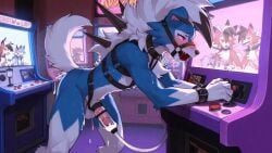 ai_generated anthro arcade arcade_machine blue_fur blush bondage canid canine canis collar cum cum_drip cum_milking cum_on_penis cumshot dusk_lycanroc fingers furry furry_male furry_only harness harness_gag harness_ring_gag leash lycanroc machine male milking_machine moaning moaning_in_pleasure moaning_loud open_mouth penis penis_milking penis_milking_machine pokemon pokemon_(species) restrained sex sex_slave sexy_body will_(willfurry) willfurry wolf