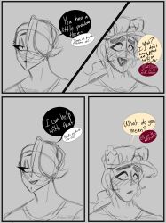 2boys blush_lines brawl_stars clothed clothing comic comic_page couple dannthesick edgar_(brawl_stars) emo emo_boy emo_hair emoboy english_text fang_(brawl_stars) femboy gay hair hair_over_one_eye male male_only no_color ponytail_male simple_background sketch spanish_text supercell sweat text visor_cap watermark