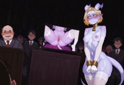 ai_generated auction blonde_hair bondage civitai collar demon_girl draenei female gloves gold_eyes horns humiliation ion restrained short_hair slave slave_girl stable_diffusion tail thighhighs