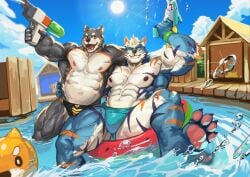 1_horn 2024 4_toes abs anthro arm_around_back black_clothing black_speedo black_swimwear blue_body blue_clothing blue_eyes blue_fur blue_sky blue_speedo blue_swimwear canid canine canis claws clothed clothing cloud domestic_dog duo eye_scar facial_scar feet finger_claws foot_in_water fur grey_body grey_fur hair hindpaw holding_object holding_toy holding_toy_gun holding_water_gun looking_at_viewer lugerdius male male/male mammal multicolored_body multicolored_fur musclegut muscles muscular muscular_anthro muscular_male muscular_thighs navel nipples obliques one_eye_closed open_mouth orange_stripes outside pawpads paws pecs pink_pawpads plant pool pool_float purple_stripes scar shrub sky smile speedo speedo_only stripes summer sun swimwear toe_claws toes topless toy toy_gun traver009 vein veiny_muscles water_drop water_gun white_body white_fur white_hair wolf wristband yellow_eyes