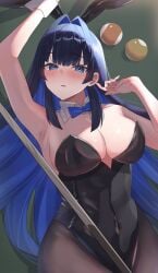 1girls animal_ears arm_up armpits ball billiard_ball black_hair black_hat black_leotard black_pantyhose blue_eyes blunt_ends blush breasts cleavage colored_inner_hair cue_stick darufui_kh fake_animal_ears hair_intakes hand_up hat highleg highleg_leotard highres hololive hololive_english huge_breasts leotard long_hair lying multicolored_hair on_back on_table ouro_kronii pantyhose parted_lips playboy_bunny pool_table rabbit_ears single_wrist_cuff strapless strapless_leotard table very_long_hair virtual_youtuber wrist_cuffs