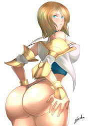 aqua_eyes ashelia_b'nargin_dalmasca ass back_view big_ass blush brown_hair choker dat_ass female female_only final_fantasy final_fantasy_xii human looking_back pose short_hair sideboob simple_background solo standing thick_thighs thong voluptuous wide_hips zetarok