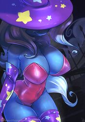 anthro atryl breasts busty cleavage clothes female gloves leotard my_little_pony night outdoors pony silver_hair smile solo stockings thighhighs trixie_lulamoon voluptuous witch witch_hat