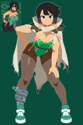 1girls bent_over black_hair breasts cape cosplay female female_only footwear front_view full_body game_freak green_background green_outline green_sneakers green_theme highres leotard light-skinned_female looking_at_viewer mega_rayquaza_(cosplay) nintendo outline pantyhose pokemon pokemon_(cosplay) pokemon_oras rayquaza_(cosplay) saucy_aussy shoes short_hair simple_background smile sneakers solo teal_background thighs zinnia_(pokemon)