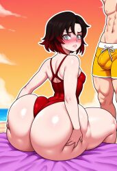 ai_generated beach big_ass blush breasts bubble_butt bulge huge_ass hyper hyper_ass jaune_arc looking_back male massive_ass off_screen_male_character ruby_rose rwby small_breasts sunset swimsuit thick_thighs