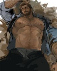 arthur_morgan blonde_hair blue_eyes clothing cowboy dopq looking_at_viewer lying_down male male_only nipples open_clothes open_shirt pecs pectorals red_dead_redemption_(series) red_dead_redemption_2 shirt_open underwear