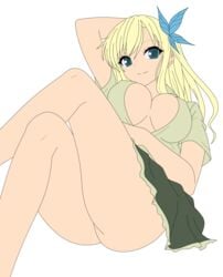 1girls blonde_hair boku_wa_tomodachi_ga_sukunai breasts busakumas butterfly_hair_ornament female green_eyes hair_ornament highres human legs legs_crossed long_hair miniskirt no_panties photoshop school_uniform sena_kashiwazaki skirt smile thighs vector_trace