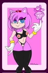 accessory amy_rose blue_eyes breasts clothing crotchless_clothing crotchless_panties crotchless_underwear elchuydra eulipotyphlan gem genitals gloves hair hair_accessory hairband hand_on_hip handwear hedgehog hi_res holding_gem holding_object legwear looking_at_viewer mammal nipples panties pink_background pink_body pink_hair pussy sega short_hair signature simple_background small_breasts sonic_(series) sonic_the_hedgehog_(series) thigh_highs underwear