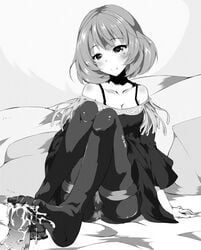 bare_shoulders blush breasts cleavage cum cum_on_body cum_on_lower_body feet footjob fringe idolmaster idolmaster_cinderella_girls mole monochrome no_shoes off_shoulder panties panties_under_pantyhose pantyhose penis pillow plus9 short_hair sitting smile takagaki_kaede toes underwear