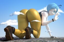 1girls 3d 3d_(artwork) anime ass big_ass big_butt blue_eyes blue_hair bulma_briefs city clothed clothed_female clouds dragon_ball dragon_ball_super dragon_ball_z embarrassed embarrassed_female giantess giga_giantess kamicamie looking_at_viewer looking_back manga milf