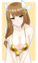 1girls alternate_costume bare_shoulders bikini breasts brown_hair female female_only fire_emblem fire_emblem_engage gold_bikini gold_swimsuit goldmary_(fire_emblem) highres large_breasts low_ponytail maplesugar7324 nintendo ribbon solo swimsuit white_ribbon yellow_bikini yellow_eyes yellow_swimsuit