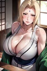 ai_generated big_breasts blonde_hair brown_eyes clothing hair_ribbon huge_breasts japanese_clothes kunoichi large_breasts light-skinned_female light_skin looking_at_viewer mature_female milf mommy naruto naruto_shippuden squatting sweat sweatdrop tanumanai tsunade voluptuous voluptuous_female