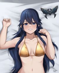 1girls alternate_costume armpits azure_monarch bare_arms bare_midriff bikini blue_eyes blue_hair female female_only fire_emblem fire_emblem_awakening gold_bikini gold_swimsuit grin long_hair lucina_(fire_emblem) mask medium_breasts midriff nintendo smile solo swimsuit symbol-shaped_pupils upper_body yellow_bikini yellow_swimsuit