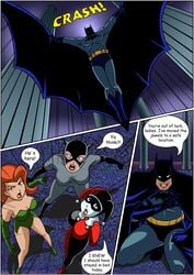 1boy 3girls batman batman:_the_animated_series batman_(series) catwoman catwoman_(dcau) comic dc_comics dcau dialogue drawnthatwayxx english_text female harley_quinn harley_quinn_(classic) justicehentai.com male multiple_girls poison_ivy poison_ivy_(dcau) speech_bubble superhero supervillainess