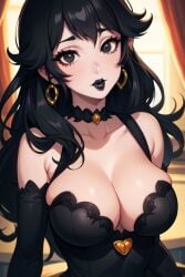 1girls ai_generated black_choker black_clothing black_dress black_eyebrows black_eyes black_hair black_lipstick breasts choker cleavage clothing dark_peach_(splatodyssey) dress earrings female female_only goth goth_girl lipstick looking_at_viewer mario_(series) matching_hair/eyes nintendo perchance_ai princess_peach solo splatodyssey super_mario_bros.