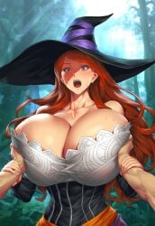 ai_generated breast_grab breasts breasts_bigger_than_head bulging_breasts cleavage clothed clothed_female dragon's_crown fondle fondling fondling_breast forest forest_background gigantic_breasts grabbing_arm grope groping huge_breasts long_hair massive_breasts pov round_breasts sexual_harassment shocked sorceress_(dragon's_crown) surprised surprised_expression sweat sweatdrop thin_waist witch witch_hat