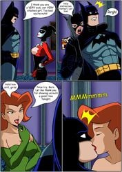 1boy 3girls applying_lipstick batman batman:_the_animated_series batman_(series) breasts catwoman catwoman_(dcau) comic comic_page dc_comics dcau dialogue drawnthatwayxx english_text female harley_quinn harley_quinn_(classic) justicehentai.com kissing lipstick male multiple_girls poison_ivy poison_ivy_(dcau) red_hair ripped_bodysuit ripped_clothing speech_bubble superhero supervillainess torn_clothing