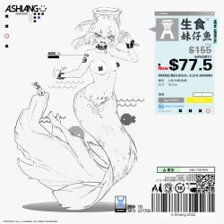 absurdres artist_request character_age collar eason870408 female fins halo head_fins highres mermaid monochrome monster_girl original pasties piercing price price_tag short_hair snall_breasts tape tape_on_nipples tongue tongue_out