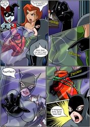 3girls batman:_the_animated_series batman_(series) catwoman catwoman_(dcau) comic dc_comics dcau dialogue drawnthatwayxx english_text female female_only harley_quinn harley_quinn_(classic) jewelry justicehentai.com multiple_girls poison_ivy poison_ivy_(dcau) speech_bubble straight_hair supervillainess