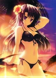 1girls bikini black_hair blush breasts erect_nipples female flower front-tie_top hair_flower hair_ornament high_resolution large_breasts lens_flare long_hair lyrical_lyric mikeou palm_tree purple_eyes purple_hair ribbon side-tie_bikini solo sunset swimsuit tagme takami_rin tree