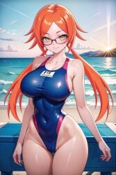 1girls ai_generated asian_female ass bangs_over_eyes beach bedroom big_breasts blue_swimsuit breasts choker eyelashes eyeshadow full_body_suit glasses goddess gold_eyes gold_jewelry hakaishinkalasharts hourglass_figure jewelry kalash light-skinned_female long_hair low_twintails messy naughty naughty_face naughty_smile night orange_hair pale-skinned_female red_hair seductive seductive_look straight_hair sunlight swimsuit thick_ass thick_legs thick_lips thick_thighs thighs twintails yellow_eyes