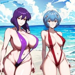 2girls ai_generated asian asian_bimbo asian_female beach big_breasts bikini bimbo blue_hair breasts clone crossover curvy cyborg different_breast_sizes female ghost_in_the_shell huge_breasts kusanagi_motoko large_breasts light-skinned_female light_skin looking_at_viewer milf mother_and_daughter neon_genesis_evangelion posing purple_bikini purple_hair red_bikini red_eyes rei_ayanami self_upload short_hair sling_bikini slingshot_swimsuit smiling stable_diffusion standing teenager unclego wide_hips