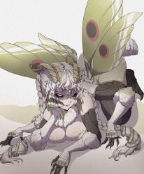 black_sclera breasts bug_girl chitin cute hand_on_face indie_virtual_youtuber insect_girl insect_humanoid juniper_(egocider) juniper_actias laying_down monster_girl moth_girl multi_arm multi_limb smiling suggestive suggestive_look virtual_youtuber vtuber white_hair wings