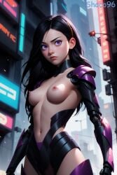 1girls 2024 ai_generated belly_button black_hair blush cybernetics cyberpunk female female_only high_resolution long_hair looking_at_viewer medium_breasts nipples nude nude_female open_eyes pose purple_eyes shaco96 solo the_incredibles uncensored violet_parr watermark white_skin