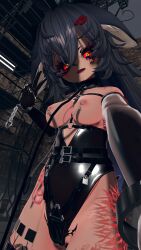 black_choker black_hair bondage_outfit breastless_clothes chains choker dark_skin egg_vibrator electrostimulation female female_only latex latex_gloves leash manuka medium_breasts nipple_chain pubic_tattoo smiling tattoo v_sign vrchat