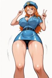 ai_generated alluring big_breasts blush breasts brown_eyes cleavage female female_only long_hair looking_at_viewer nami nami_(one_piece) one_piece open_mouth orange_hair peace_sign police_hat police_officer police_uniform policewoman seducing seduction seductive seductive_body seductive_eyes seductive_gaze seductive_look seductive_mouth seductive_pose shiny_hair shiny_skin skirt sweat sweatdrop sweating sweaty sweaty_body tongue_out voluptuous voluptuous_female yashin