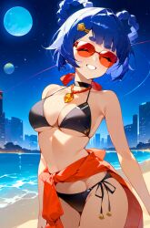 1girls ai ai_generated alternate_costume beach belly_button bikini bikini_bottom bikini_top black_bikini black_bikini_bottom black_bikini_top blue_hair bra buildings closed_eyes female female_focus female_only front_view genshin_impact hoyoverse medium_breasts mihoyo moon navel night ocean outdoors red-tinted_eyewear revealing_clothes shatteredsky21 short_hair smiling smiling_at_viewer solo solo_female solo_focus standing sunglasses swimsuit thong thong_bikini tinted_eyewear two_piece_swimsuit water xiangling_(genshin_impact) young younger_female