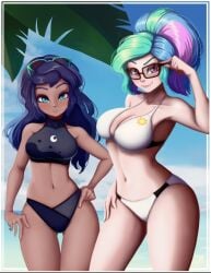 2022 2girls beach bikini blue_bikini blue_panties blue_sky bra curvy curvy_body curvy_female curvy_figure dark-skinned_female dark_skin deviantart deviantart_link equestria_girls female glasses human humanized large_breasts leaf light-skinned_female light_skin long_hair multicolored_hair my_little_pony pale-skinned_female pale_skin palmtree panties ponytail princess_celestia_(mlp) princess_luna_(mlp) principal_celestia sisters swimsuit the-park two-piece_swimsuit two_piece_swimsuit vice_principal_luna voluptuous voluptuous_female white_bikini white_panties