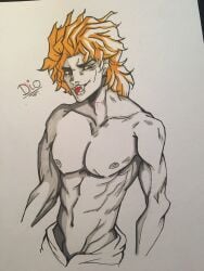 1boy barely_visible_genitalia barely_visible_penis character_name dio_brando fangs jojo's_bizarre_adventure male male_only muscular_male rainbowbanana19 stardust_crusaders traditional_media_(artwork) vampire