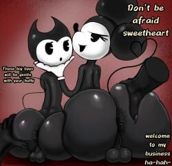 4boys bendy bendy_and_the_ink_machine bendy_the_dancing_demon big_ass big_butt crossover dialogue disney femboy hand_on_ass hand_on_butt khadhunter7 males males_only mickey_mouse public_domain tagme text