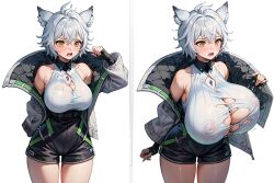 1girls ai_generated alternate_breast_size animal_ears bare_arms bare_shoulders before_and_after breast_expansion breasts bursting_breasts core_crystal embarrassed female fingerless_gloves full-face_blush gigantic_breasts grey_hair huge_breasts leaning_forward lips makeup mature_female monolith_soft motion_lines multiple_views na'el_(xenoblade) nintendo shirt short_hair shorts solo stable_diffusion surprised taut_clothes thighs torn_clothes undersized_clothes video_games white_background xenoblade_(series) xenoblade_chronicles_3 xenoblade_chronicles_3:_future_redeemed xenomon