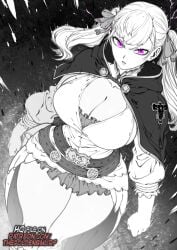 1girls anime big_breasts black_bulls_uniform black_clover breasts clothed clothed_female female female_focus female_only frown frowning glaring glaring_at_viewer himedere looking_at_viewer manga noelle_silva purple_eyes solo solo_female solo_focus thegoldensmurf thick_thighs thighs tsundere white_hair