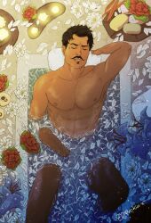 1boy abs arms_behind_head artist_signature bara bath bathing beauty_mark biceps black_hair candle candles closed_eyes dark-skinned_male dark_hair dark_skin dorian_pavus dragon_age dragon_age_inquisition elmroko facial_hair flower flowers gay_male jerking jerking_off looking_pleasured mage male male_only masturbation mole moustache muscles muscular_male nipples pecs solo solo_male spread_legs video_games water