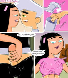 1boy 1girls breast_grab breasts brown_skin comic danny_fenton danny_phantom dark-skinned_female dark_skin darkdp female ghost glowing green_eyes interracial male nickelodeon paulina_sanchez white_hair