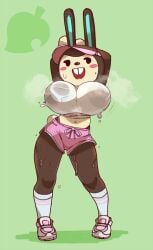 animal_crossing anthro big_breasts carmen_(animal_crossing) dolphin_shorts female female_only gym_shorts leokingdom pink_shorts rabbit shirt shorts solo solo_female sweat sweating tagme visor_cap wet_shirt