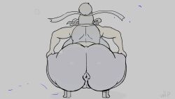 1female 1girls anus back_view brown_skin dark-skinned_female demonroyal female female_focus female_only goddess hair_bun hands_on_knees huge_ass huge_breasts huge_butt kiki_(demonroyal) lightning sketch squatting tight_pants twerking white_hairband wip