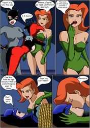 1boy 3girls applying_lipstick batman batman:_the_animated_series batman_(series) catwoman catwoman_(dcau) comic dc_comics dcau dialogue drawnthatwayxx english_text female harley_quinn harley_quinn_(classic) justicehentai.com kissing lipstick male multiple_girls poison_ivy poison_ivy_(dcau) rope speech_bubble superhero supervillainess tied_up