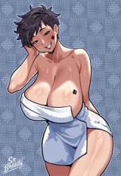 1girls bath_towel big_breasts black_hair blush cleavage commission female female_only large_breasts looking_back original original_character queen_of_spades shiny_skin short_hair solo solo_female solo_focus srbready tattoo tattoo_on_chest tattoo_on_face thick_thighs thighs towel towel_only wide_hips